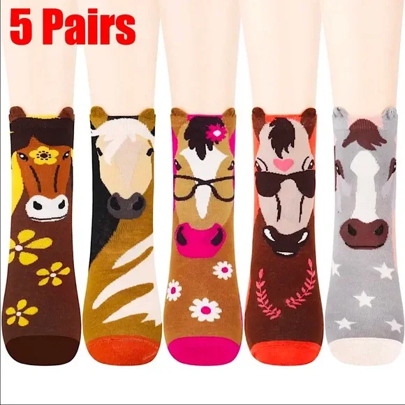 NEW 5 pairs horse print colorful crew socks women’s size 6-9.5 stocking stuffer - Picture 1 of 16